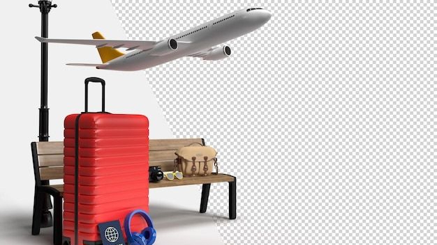 Premium PSD Suitcase with airplane and traveler 1